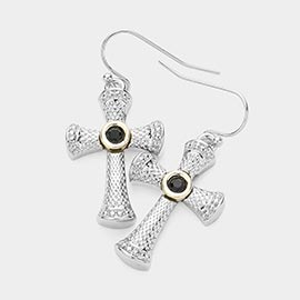 Stone Paved Cross Dangle Earrings