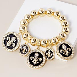 Stone Paved Fleur de Lis Disc Charm Metal Ball Stretch Bracelet