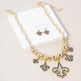 Stone Embellished Fleur de Lis Charm Metal Chain Necklace