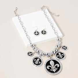 Stone Embellished Fleur de Lis Charm Metal Chain Necklace