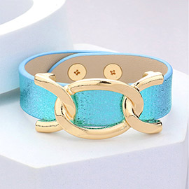 Faux Sparkle Leather Metal Link Accented Snap Bracelet