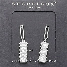 SECRET BOX_Sterling Silver Dipped Baguette CZ Stone Accented Dangle Earrings