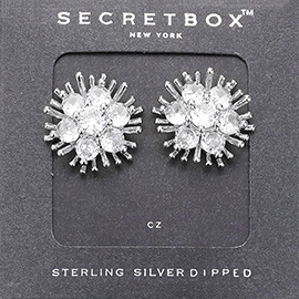 SECRET BOX_Sterling Silver Dipped Round CZ Stone Pointed Flower Stud Earrings