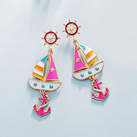 Enamel Boat Anchor Dangle Earrings