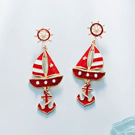 Enamel Boat Anchor Dangle Earrings