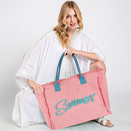 SUMMER Message Embroidered Fringe Canvas Tote Bag / Beach Bag