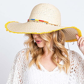 Colored Frayed Floppy Straw Hat With Multi Bands