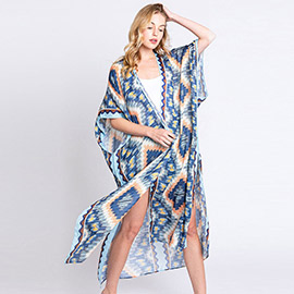 Aztec Print Open Front Long Kimono Poncho