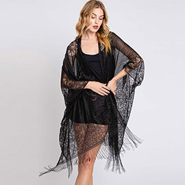 Floral Lace Kimono With Tassel Poncho