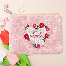 BE MY VALENTINE Message Flower Sequin Seed Beaded Mini Pouch Bag