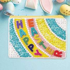 HAPPY EASTER Message Seed Beaded Mini Pouch Bag