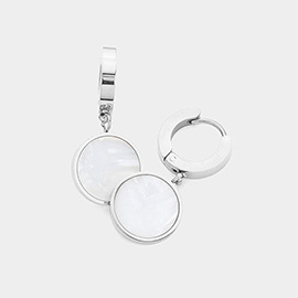 Stainless Steel Mother Of Pearl Disc Dangle Huggie Earrings