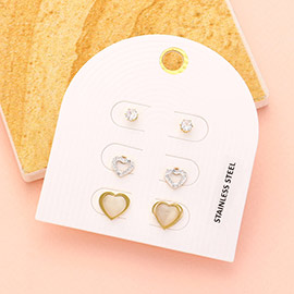 3PAIRS - Heart Stud Earring Set