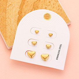 3PAIRS - Stainless Steel Heart Stud Earrings Set