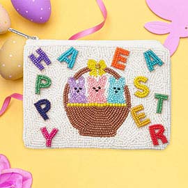 Stone Pointed HAPPY EASTER Message Easter Bunny Seed Beaded Mini Pouch Bag