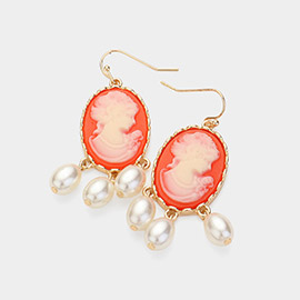 Triple Pearl Embellished Cameo Dangle Earrings