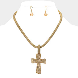 Stone Paved Cross Pendant Necklace