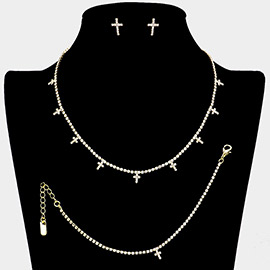 Cross CZ Stone Station Rhinestone Paved Necklace Jewelry Set