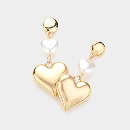 Pearl Pointed Metal Heart Dangle Earrings