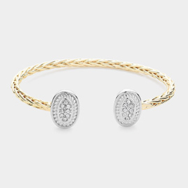 Two Tone Stone Paved Oval Tip Cuff Bracelet