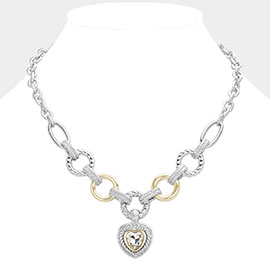 Heart Stone Pointed Pendant Two Tone Textured Metal Link Toggle Necklace