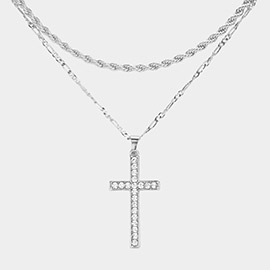 Stone Paved Cross Pendant Double Layered Necklace