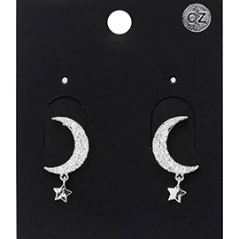 CZ Stone Paved Crescent Moon Metal Star Dangle Earrings