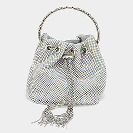 Bling Rhinestone Mesh Metal Draw String with Glass Stone Embellished Top Handle Bucket Bag / Crossbody Bag