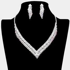 Rhinestone Paved V Shaped Necklace Clip on Earring Set