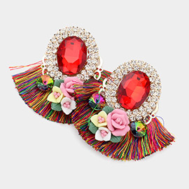 Round Glass Stone Flower Pointed Bohemian Thread Fringe Earrings 