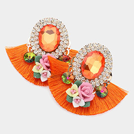 Round Glass Stone Flower Pointed Bohemian Thread Fringe Earrings 