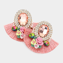 Round Glass Stone Flower Pointed Bohemian Thread Fringe Earrings 