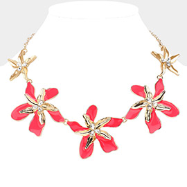 Teardrop Stone Pointed Enamel Flower Link Necklace