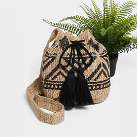 Tribal Pattern Straw Tassel Drawstring Crossbody Bucket Bag