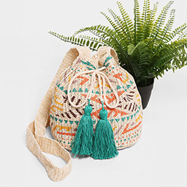 Tribal Pattern Straw Tassel Drawstring Crossbody Bucket Bag