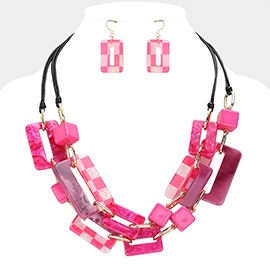 Abstract Resin Checkered Open Rectangle Cube Link Double Layered Statement Faux Leather Necklace