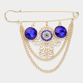 Stone Paved Evil Eye Hamsa Hand Accented Chain Layered Pin Brooch