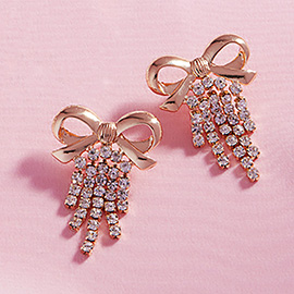 Metal Bow Rhinestone Fringe Earrings