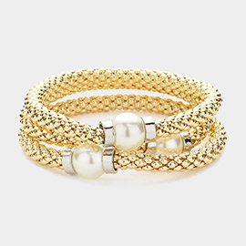 3PCS - Pearl Pointed Mesh Metal Stretch Multi Layered Bracelets