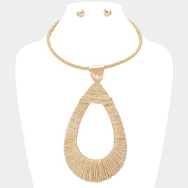 Textured Metal Oversized Open Teardrop Pendant Statement Necklace