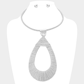 Textured Metal Oversized Open Teardrop Pendant Statement Necklace