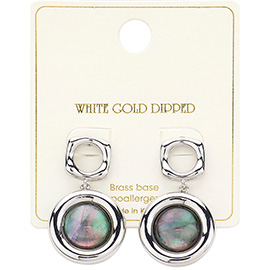 White Gold Dipped Abalone Round Double Drop Post Earrings