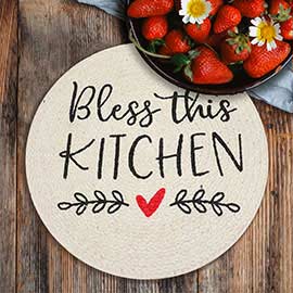 Bless The Kitchen Message Printed Nautical Braided Round Potholder Trivet Placemat