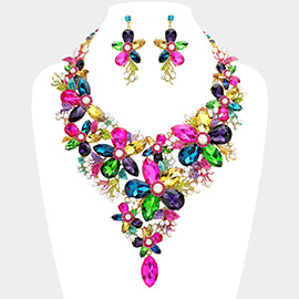 Pearl Embellished Flower Glass Stone Cluster Statement Evening Necklace