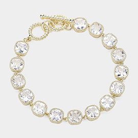 14K Gold Plated Square CZ Stone Link Evening Toggle Bracelet