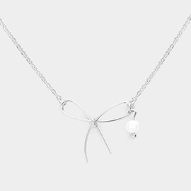 Pearl Pointed Metal Wire Bow Pendant Necklace