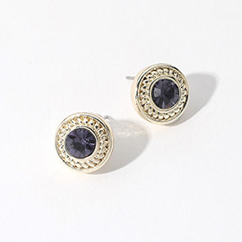 14K Gold Plated Stone Paved Round Stud Earrings