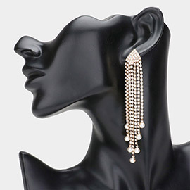 Round Pearl Tip Rhinestone Paved Fringe Evening Earrings