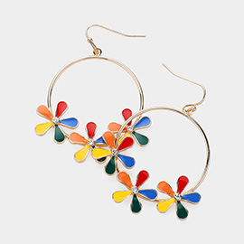 Stone Pointed Enamel Flower Open Ring Dangle Earrings