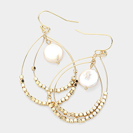 Fresh Water Pearl Pointed Double Metal Teardrop Wire Dangle Earrings